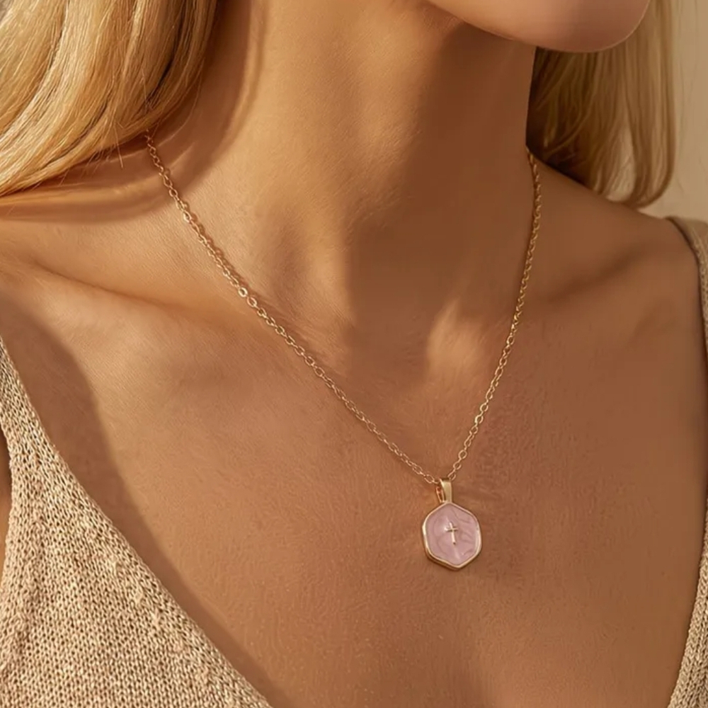 Gold Pink Cross Necklace